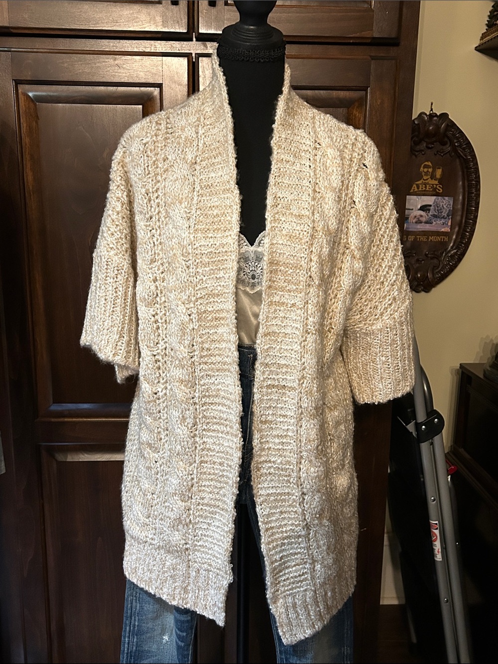 POL Sz M Cozy Cream Open-Front Cable Knit Women's Short Sleeve Cardigan